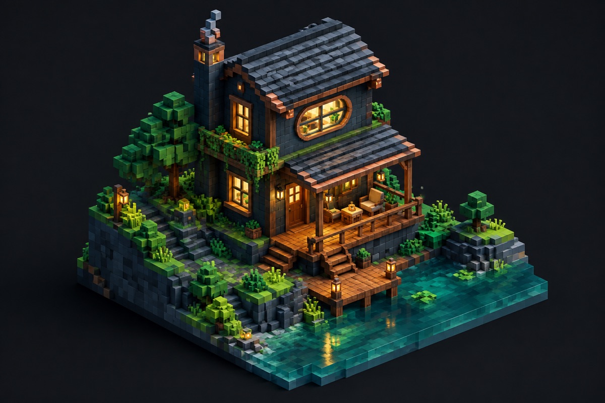 Riverside Map House original voxel illustration