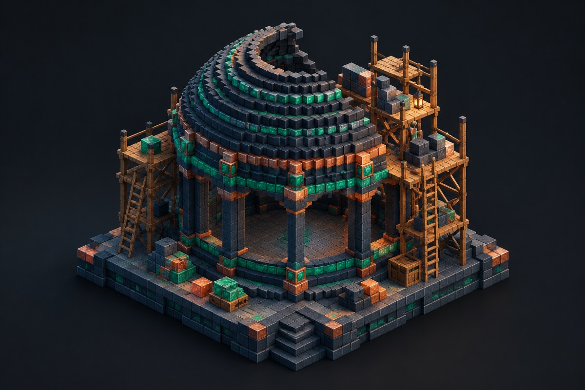 Isometric illustration of a half-built block dome showing concentric layer rings