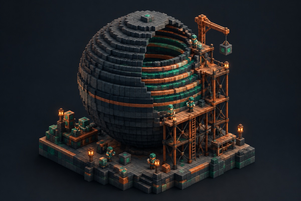 Isometric illustration of a half-built block sphere revealing its layer rings